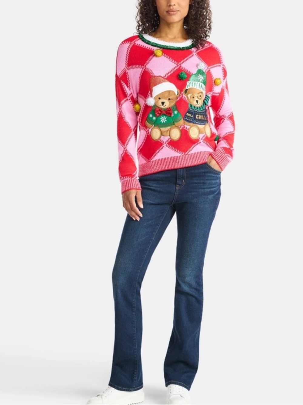 Holiday Time Red and Pink Teddy Bear ugly Christmas Sweater size XL